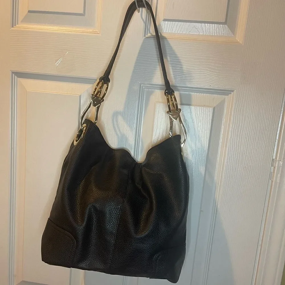 Dasein synthetic leather Black hobo shoulder bag with Bold gold tone hardwares